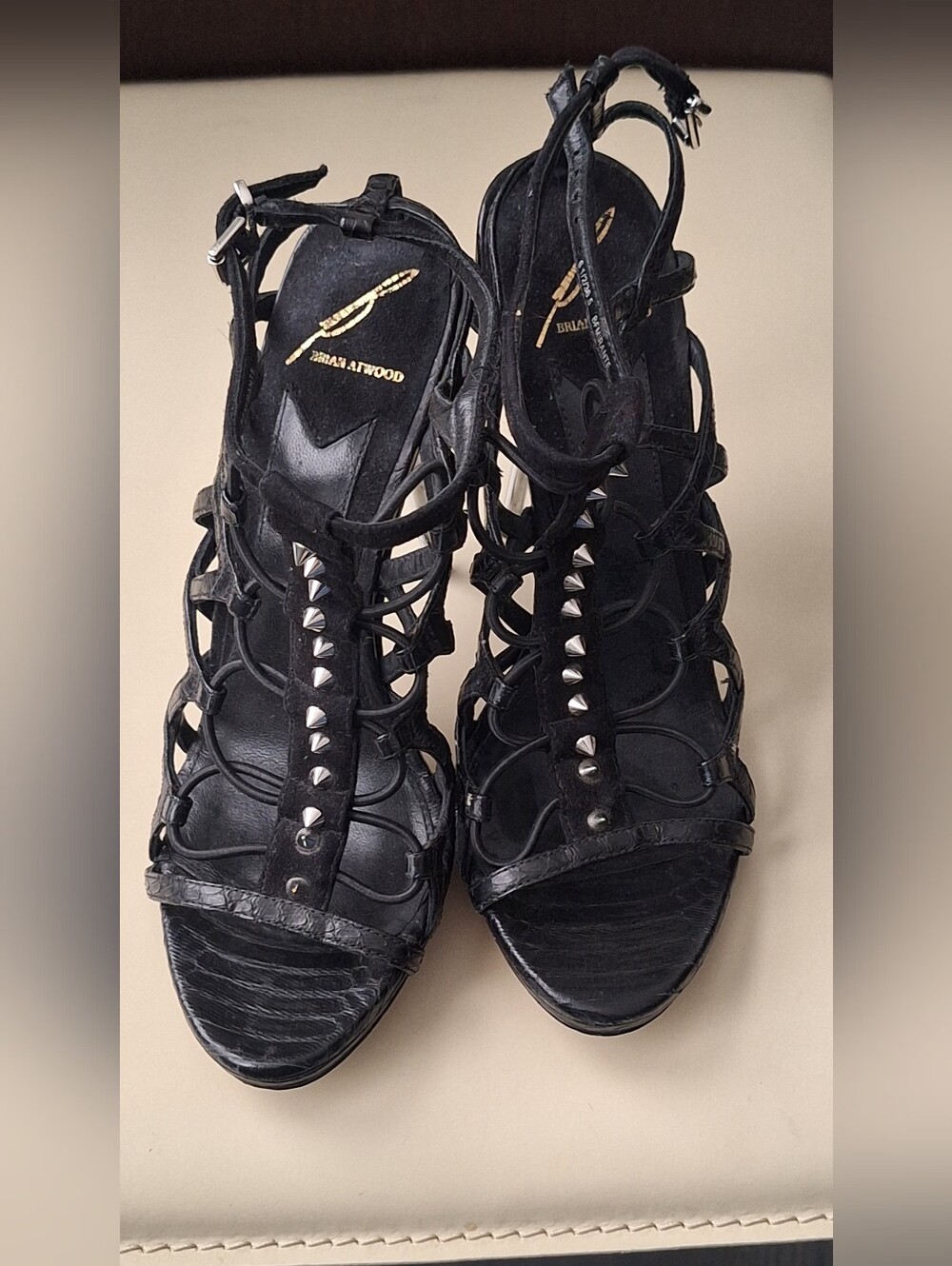 BRIAN ATWOOD Mirante Studded Stretch Cage Leather Sandal, Black, Size 6.5 EUC